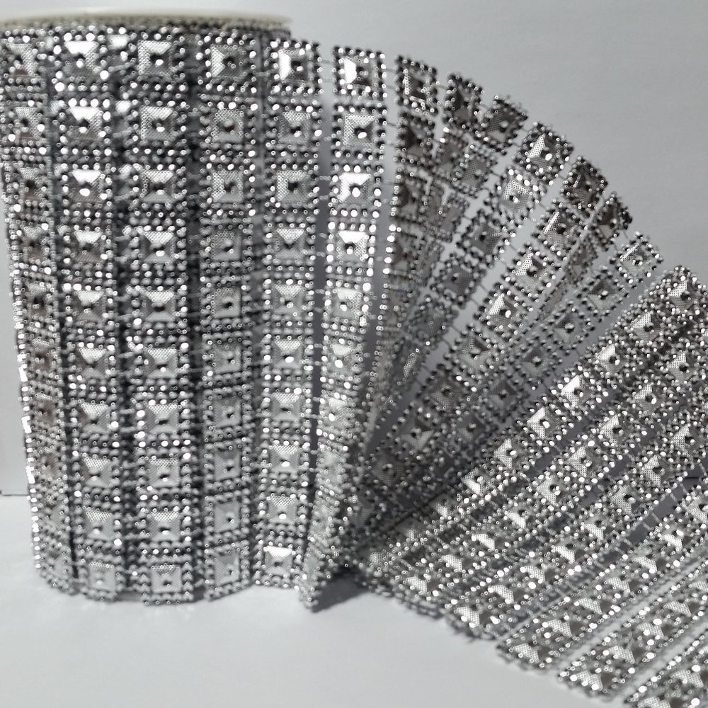 Rhinestone Mesh Ribbon Silver Squares
